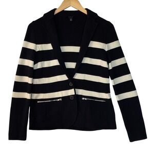 Talbots Womens Navy Cream Striped Knit Blazer Cardigan Size XS Zip Pocket Preppy